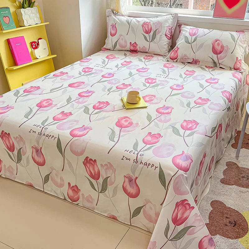Sábana de algodón 100% con estampado de flores, sábanas dobles para niñas y niños, ropa de cama individual Queen King Size, 1 Uds.
