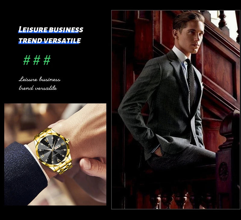 Reloj para hombre con diamantes de agua, lujo, brillo nocturno, doble calendario, movimiento de cuarzo, 41mm, oro azul, acero inoxidable, reloj de negocios de moda