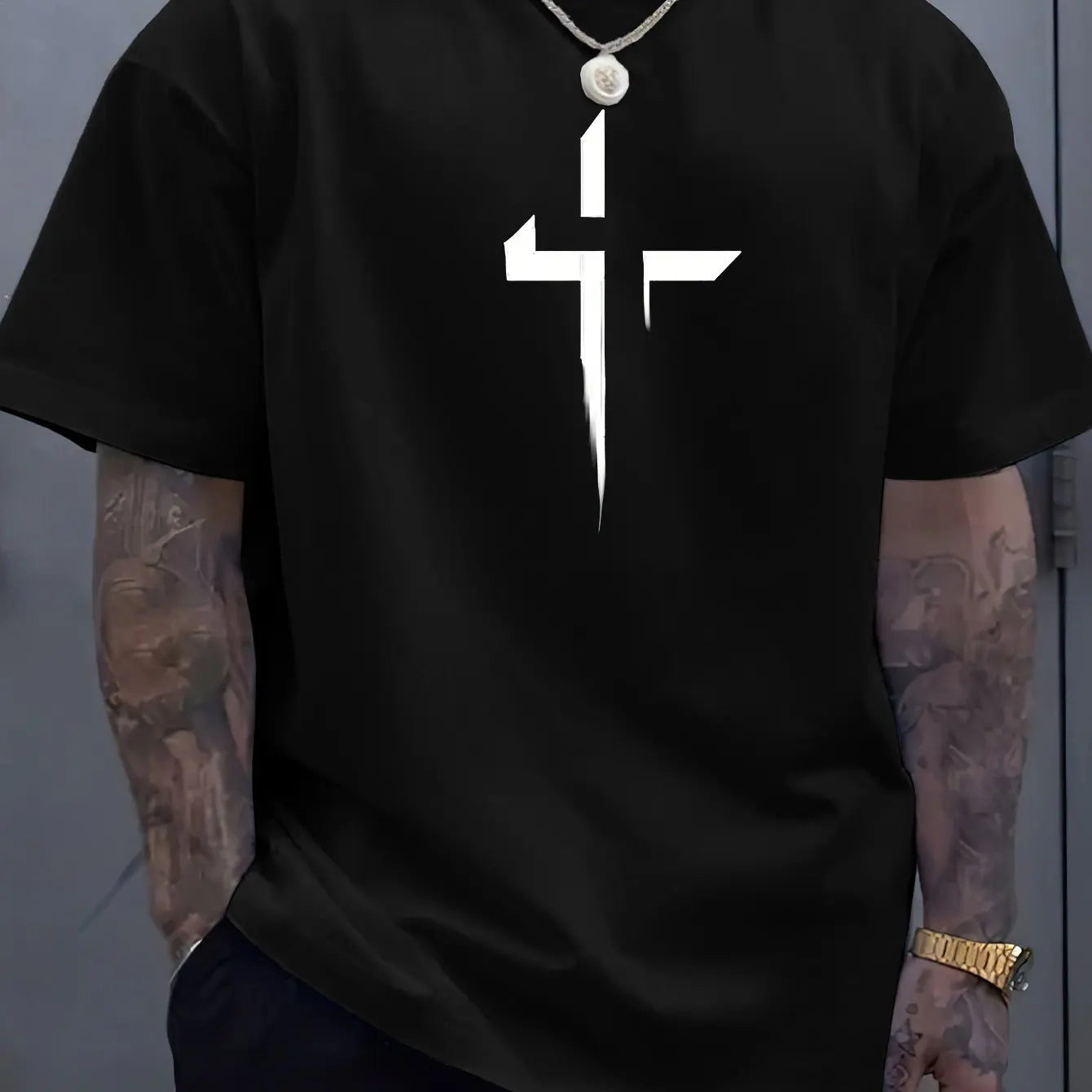 Camiseta de manga corta con cuello redondo para hombre, 100% de algodón puro, informal, holgada, de talla grande, con estampado creativo cruzado, deportiva, cómoda, de verano