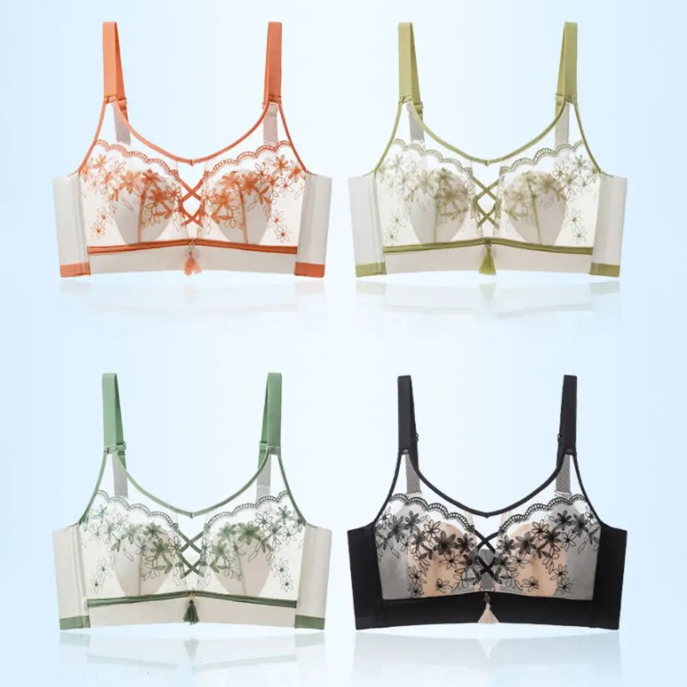 Sujetador de encaje con borlas y pechos recogidos para mujer, sujetador de malla fino a prueba de golpes, sin costuras, lencería transparente, ropa interior push-up