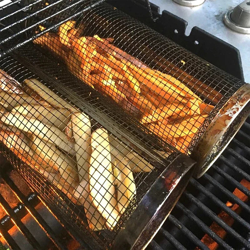Cesta para parrilla de barbacoa, cesta rodante para asar, jaulas para barbacoa, parrilla cilÃndrica, cestas para asar para acampar al aire libre