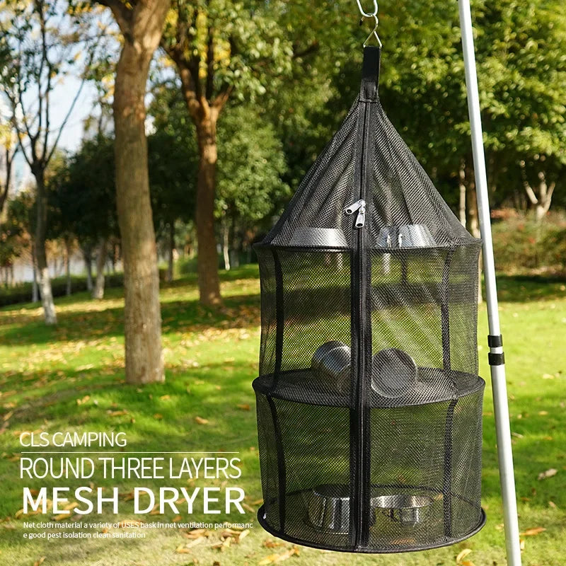 Secador de malla Circular plegable para acampar al aire libre, red portátil de 3 capas de almacenamiento, bolsa de malla colgante, olla antiinsectos, estante de secado para platos y tazas
