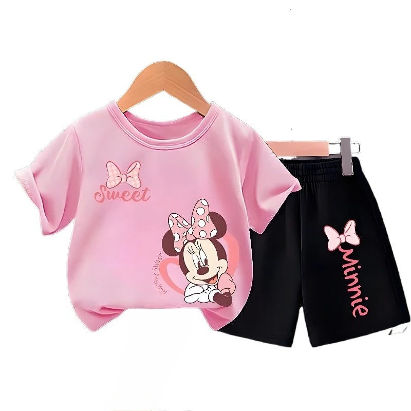 Conjunto de dos piezas de camiseta y pantalones cortos para niños, traje superior de manga corta con cuello redondo para niñas, trajes informales para niños, conjuntos de pantalones cortos transpirables de verano