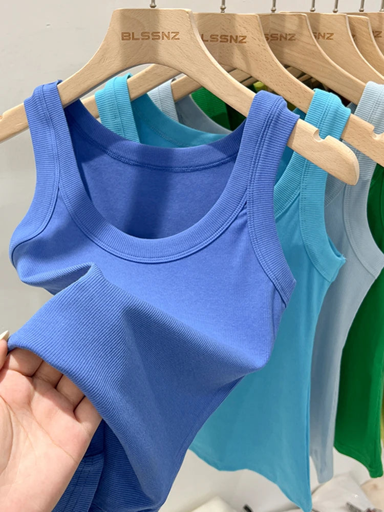 Zjaiss, camiseta sin mangas acanalada con cuello redondo liso para mujer, camisola para mujer, camiseta sin mangas elástica básica de verano 2025, camiseta sin mangas sólida con cuello redondo