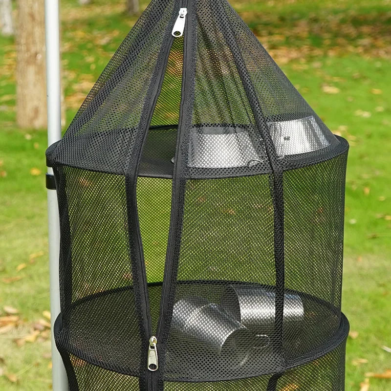 Secador de malla Circular plegable para acampar al aire libre, red portátil de 3 capas de almacenamiento, bolsa de malla colgante, olla antiinsectos, estante de secado para platos y tazas