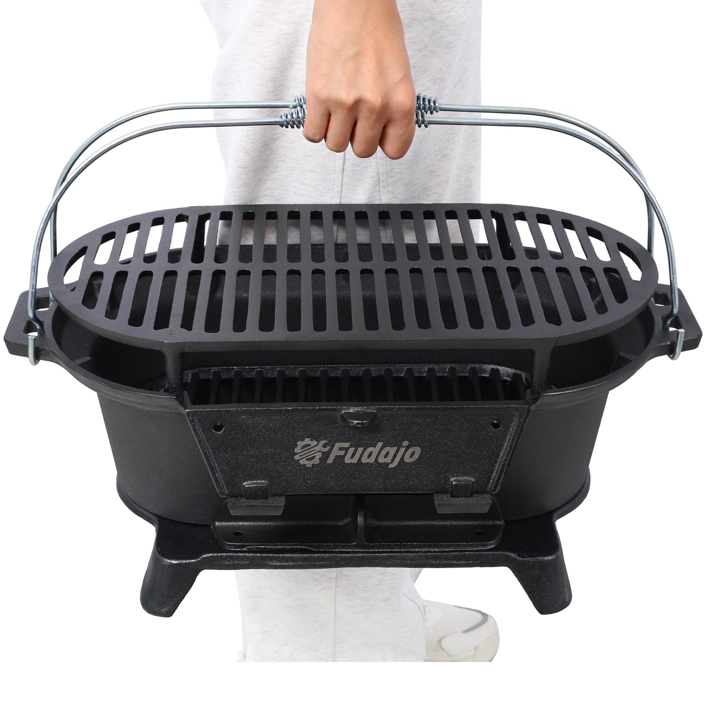 Parrilla Hibachi de hierro fundido ovalada de 20", parrilla de carbón portátil con rejilla extraÃble de ventilación con mango, parrilla Yakitori para campamento al aire libre