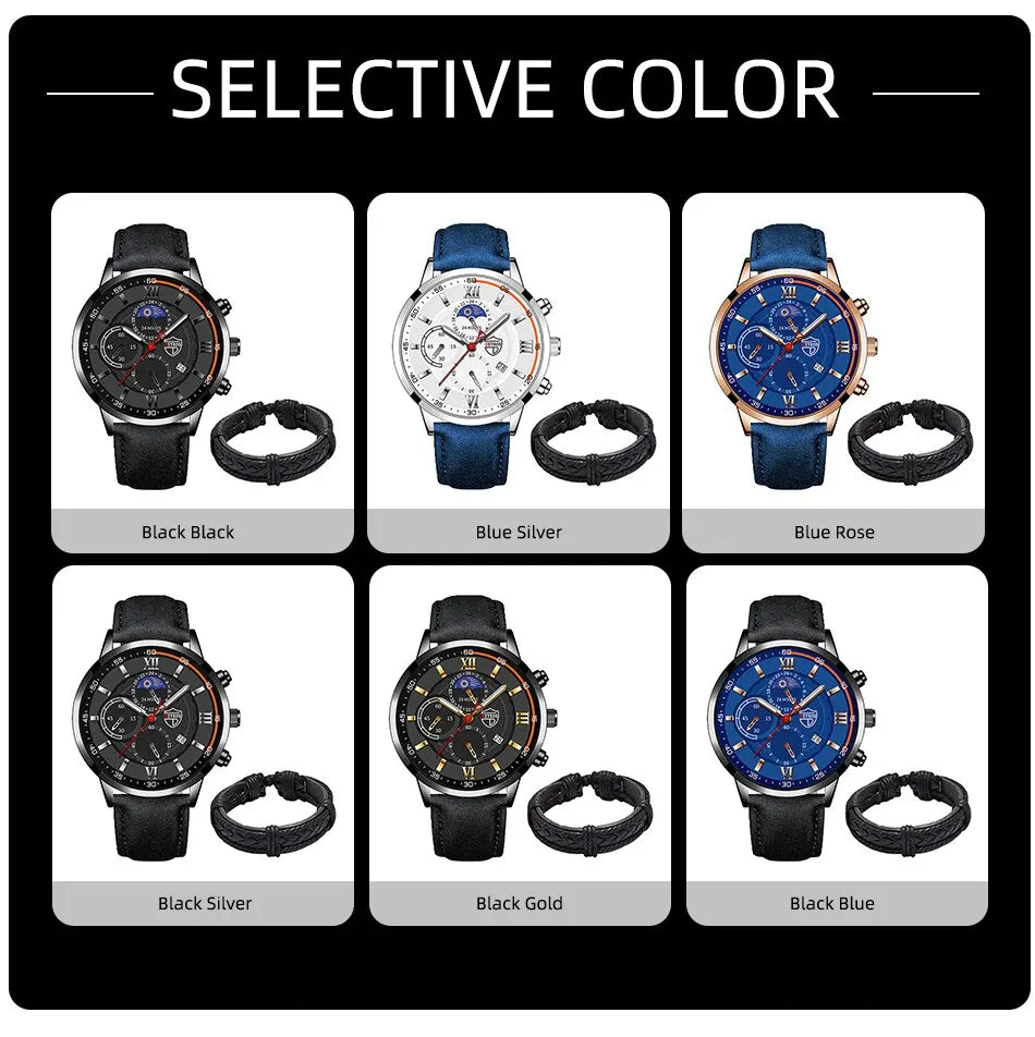 Conjunto de 2 piezas de relojes deportivos de moda para hombre, pulsera de cuero de negocios, reloj de cuarzo informal para hombre, reloj luminoso de lujo para hombre