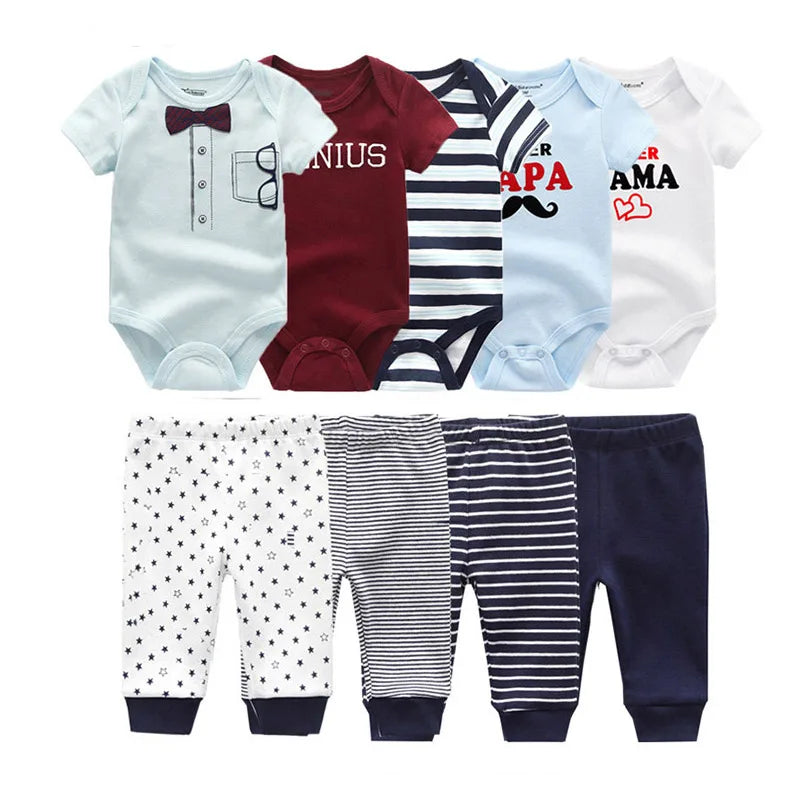9 unids/lote monos Unisex para recién nacidos + pantalones conjuntos de ropa de algodón de dibujos animados ropa para bebé (niño o niña)