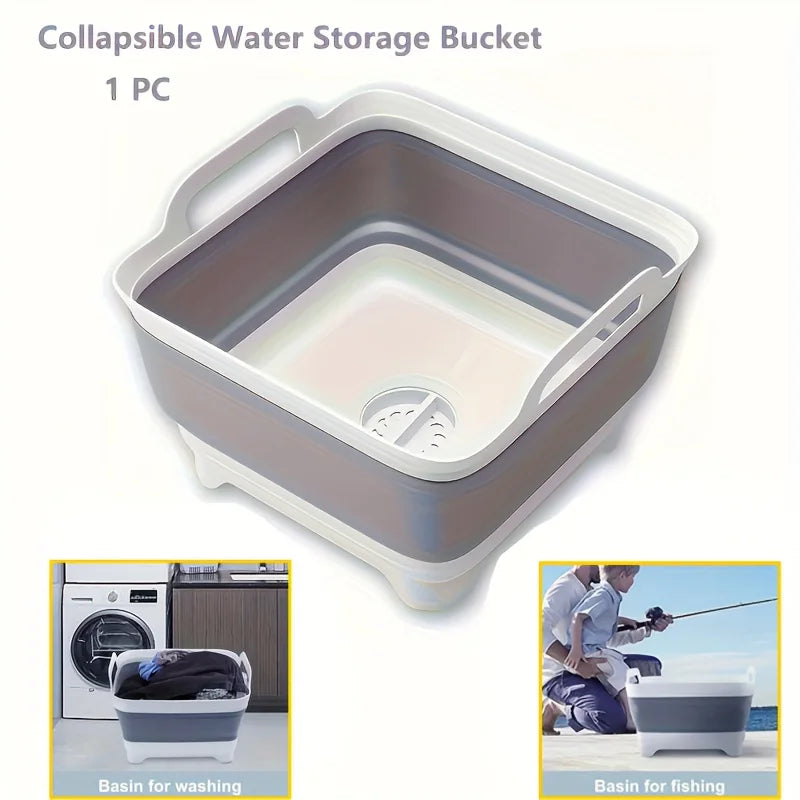 Un dispositivo de almacenamiento de agua portátil diseñado para acampar al aire libre, equipado con orificios de drenaje, lavabo plegable y para lavar verduras.