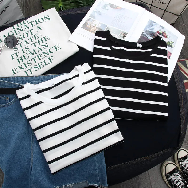 1 pieza primavera y otoño invierno Top a rayas negras con estilo extranjero Ins camisa inferior mujer Camiseta de manga larga