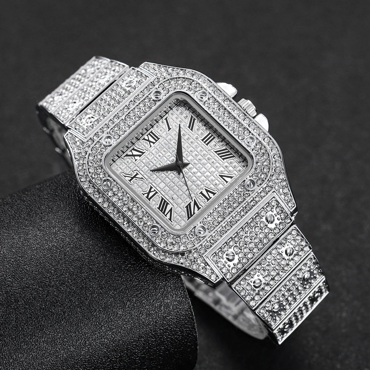 Reloj de pulsera de cuarzo para hombre y mujer, pulsera de acero inoxidable plateado con diamantes de moda, conjunto de 2 unidades