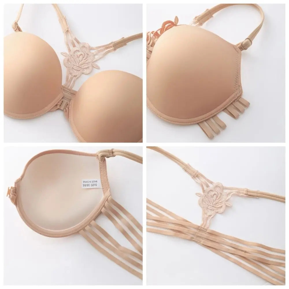 Sujetador de encaje con botón frontal a la moda para mujer, 3/4 tazas, parte de atrás bonita, sujetador sin costuras, ropa interior íntima, sujetador inalámbrico con escote en V profundo para playa