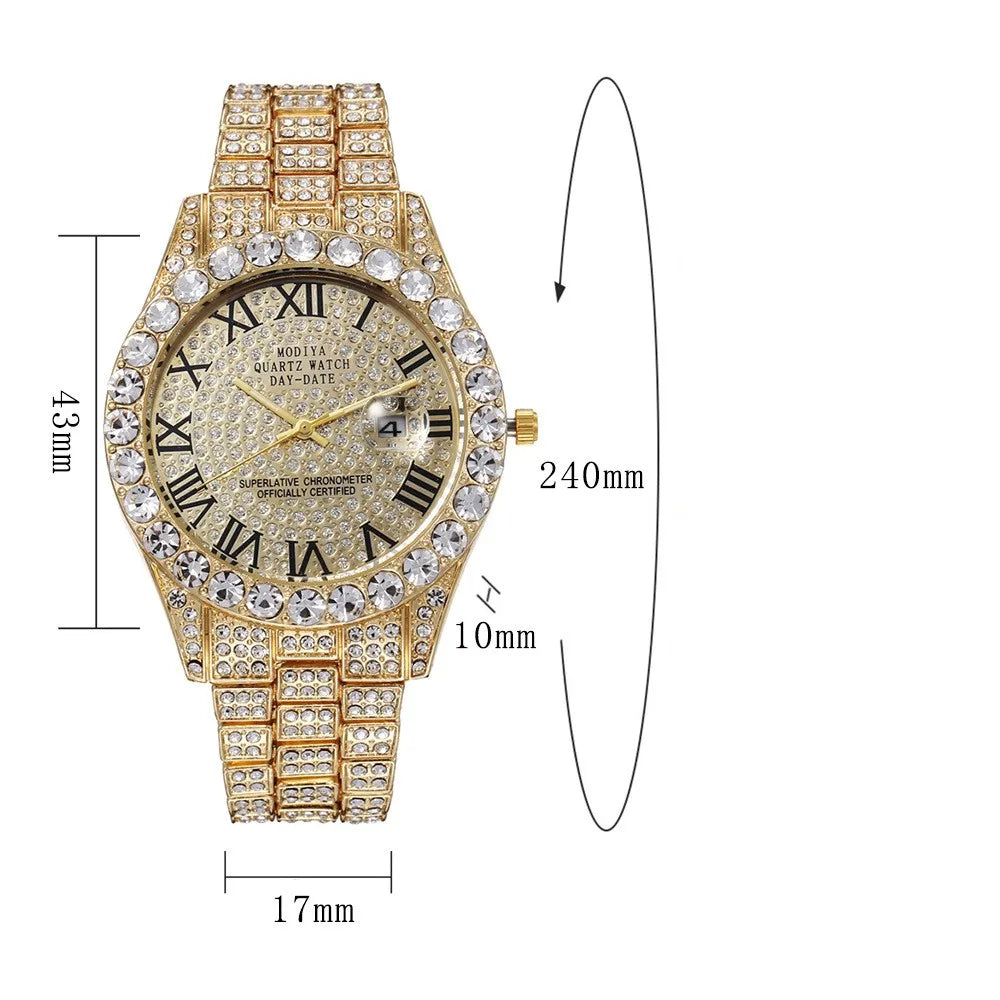 Reloj de cuarzo con correa de acero dorado para hombre, cronógrafo clásico de lujo, con calendario de diamantes de imitación, a la moda