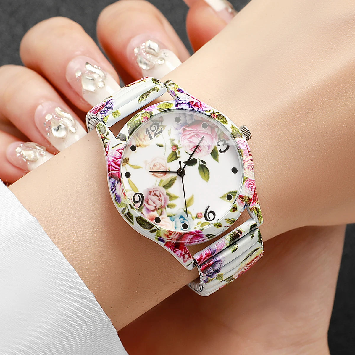2/3 Uds. Conjunto de relojes de pulsera de cuarzo con estampado de flores a la moda para mujer, reloj con esfera árabe con correa elástica informal para mujer (sin caja)