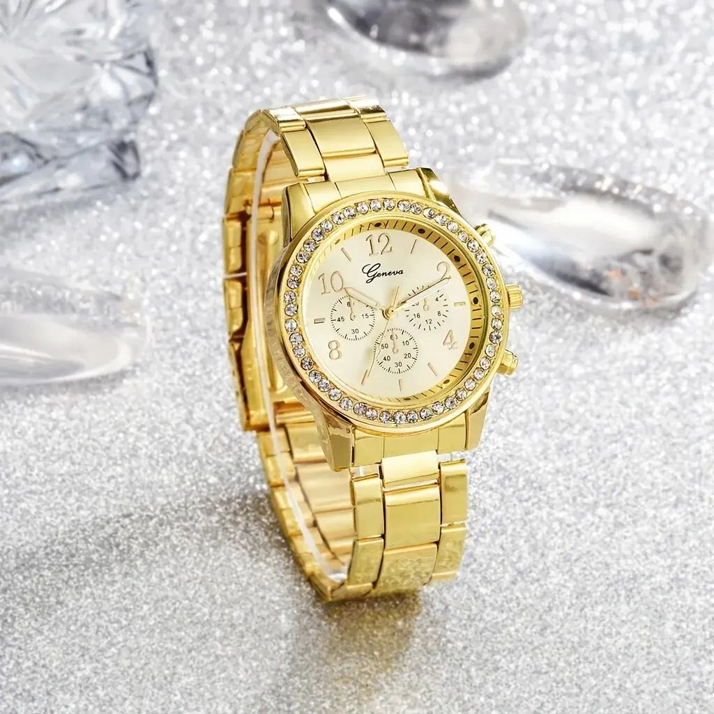 Juego de 5 piezas de reloj de oro para mujer, anillo de lujo, collar, pendientes, diamantes de imitación, reloj de pulsera de moda, relojes casuales para mujer, conjunto de pulsera
