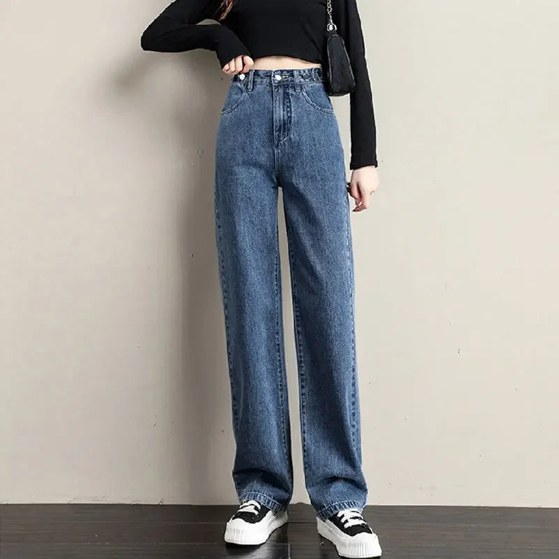 Pantalones vaqueros sueltos para mujer, diseño de cintura alta, entrepierna recta ajustable, pantalones de estilo Retro, tela de algodón, estilo informal cómodo