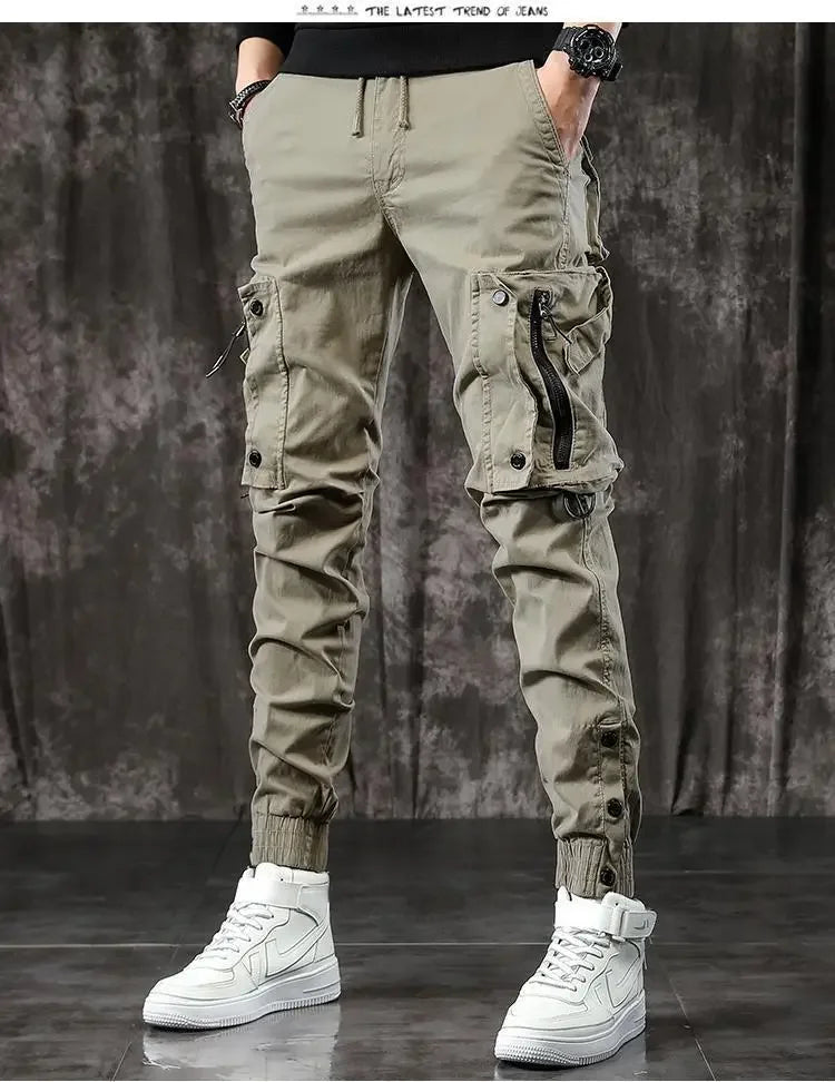 Pantalones Cargo de moda para hombre, pantalones ajustados de estilo informal, holgados, estilo americano, pantalones de pie pequeños con múltiples bolsillos, color negro, primavera y otoño