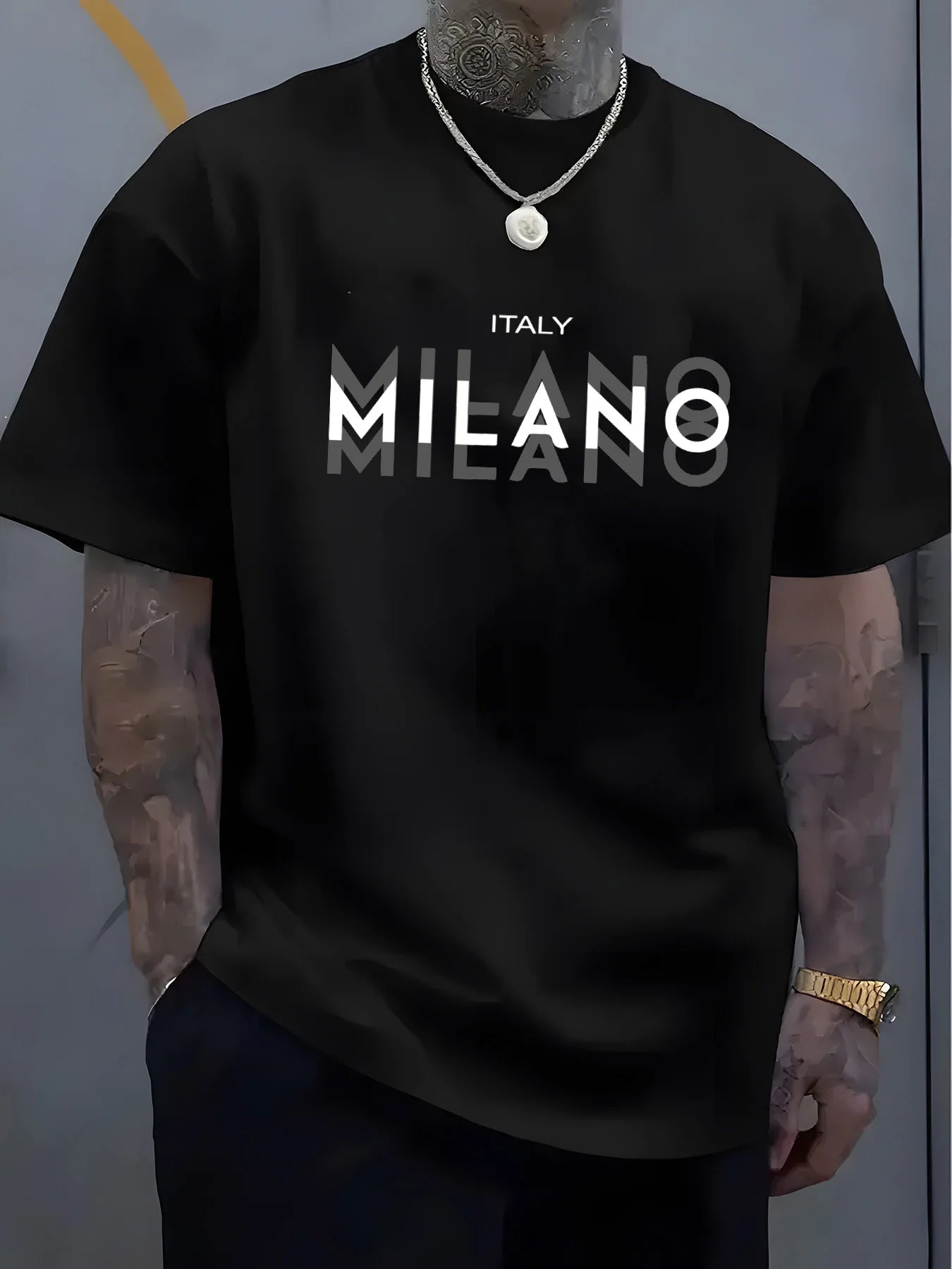 Camiseta holgada informal de algodón puro 100% de verano para hombre de talla grande con estampado de MILANO italiano, cómoda camiseta de manga corta con cuello redondo