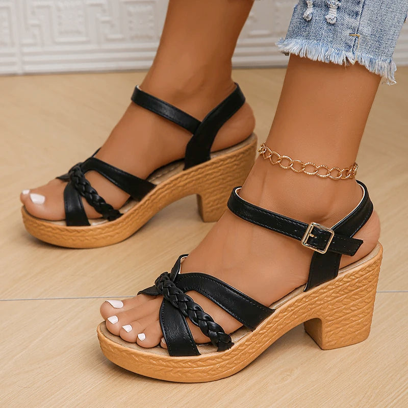 Sandalias de tacón alto trenzadas para mujer, sandalias de gladiador con plataforma gruesa de verano 2024, zapatos informales de playa con correas en el tobillo para vacaciones