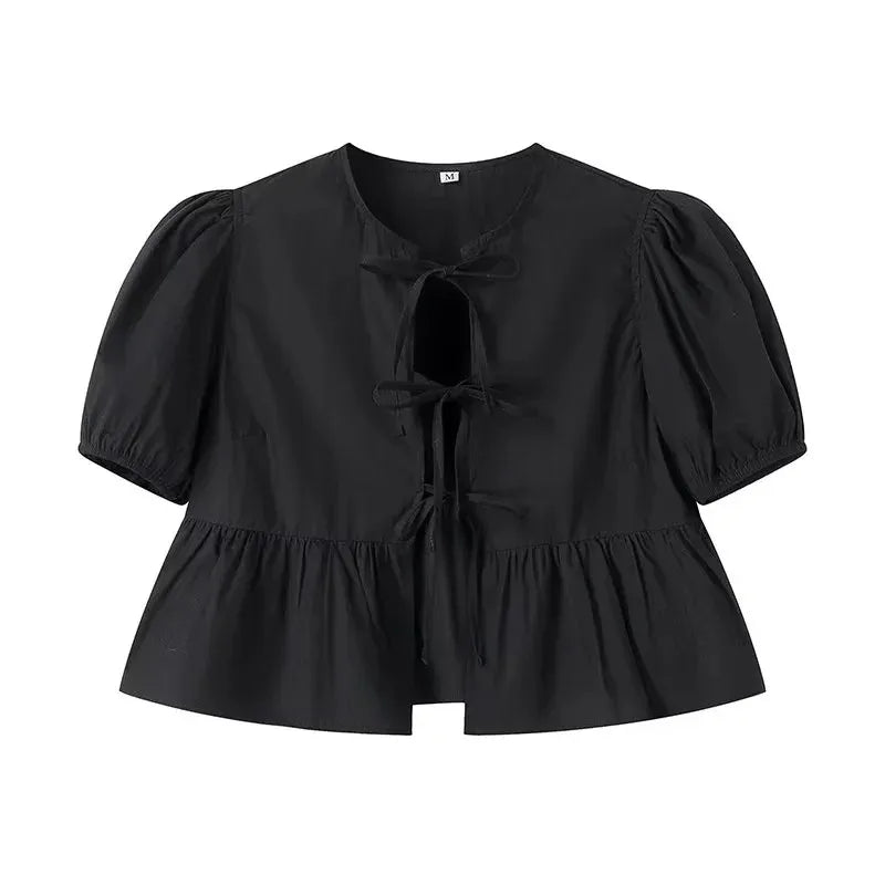 TRAF-Blusas con volantes para mujer, camisas y blusas con mangas abullonadas para mujer, Top corto fruncido blanco y negro, blusa fruncida para mujer 2024