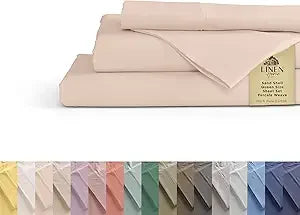 Sábanas de percal 100% algodón tamaño Queen, crema, bolsillo profundo, juego de 4 piezas: 1 sábana bajera plana, 1 bolsillo profundo y 2 fundas de almohada,