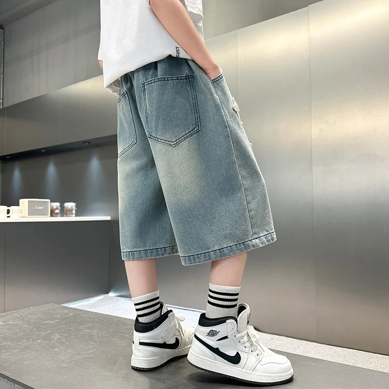 Boy Star Jeans 2025 Verano Nuevo Producto Moda Niños Denim Pantalones medios Pantalones cortos casuales para niños 5-15 años