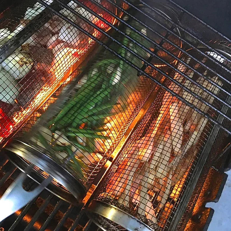 Cesta para parrilla de barbacoa, cesta rodante para asar, jaulas para barbacoa, parrilla cilÃndrica, cestas para asar para acampar al aire libre