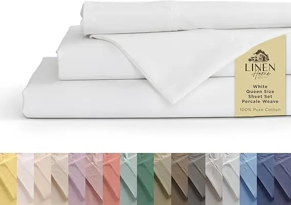 Sábanas de percal 100% algodón tamaño Queen, crema, bolsillo profundo, juego de 4 piezas: 1 sábana bajera plana, 1 bolsillo profundo y 2 fundas de almohada,