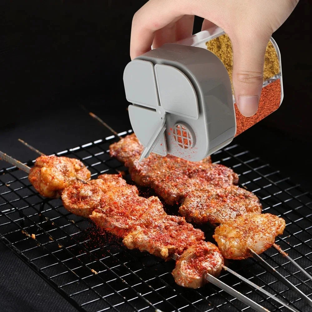 Tarro de condimentos para acampar 4 en 1 con tapa, dispensador de especias transparente, 4 compartimentos para cocinar al aire libre, barbacoa, salero y pimentero