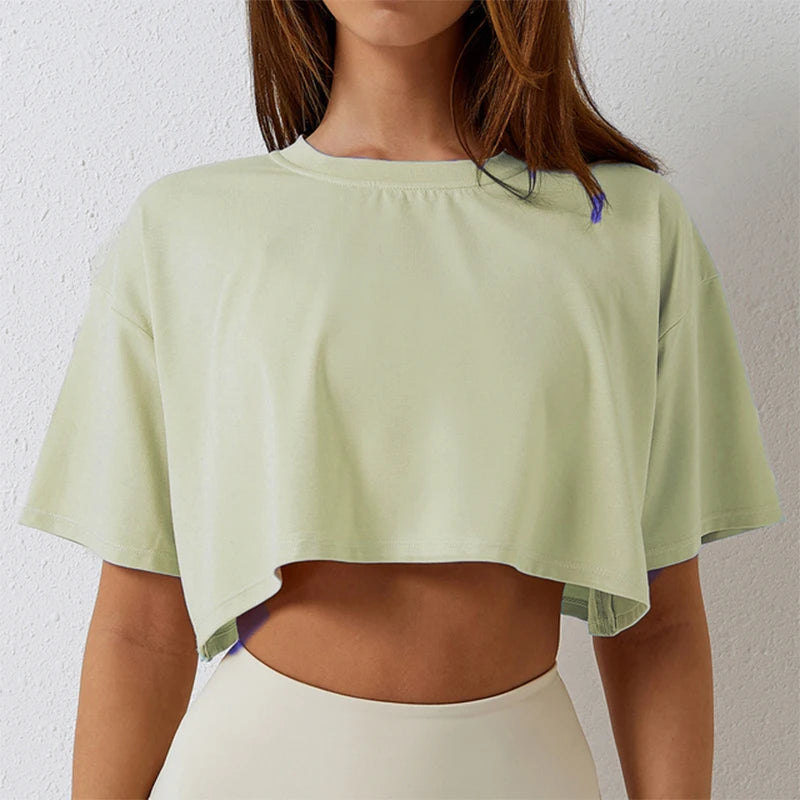 Ropa de algodón de manga corta para mujer, ropa para correr y bailar, Top corto para Yoga y Fitness, Camiseta deportiva holgada para el ombligo, camisetas de entrenamiento para gimnasio