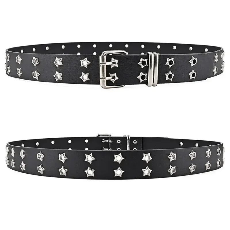 Nuevo cinturón con remaches de ojo de estrella estilo gótico hebilla de doble Pin hombre/mujer moda Casual estilo Punk Pu pretina de cuero para pantalones vaqueros Y2K