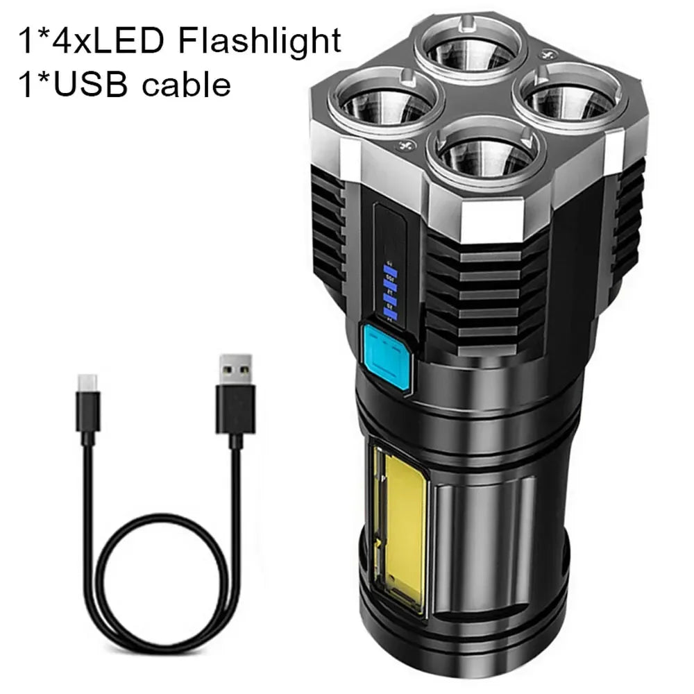 Linterna LED de luz fuerte para acampar, 4 lámparas y luces laterales COB, linterna de mano portátil recargable por USB para exteriores