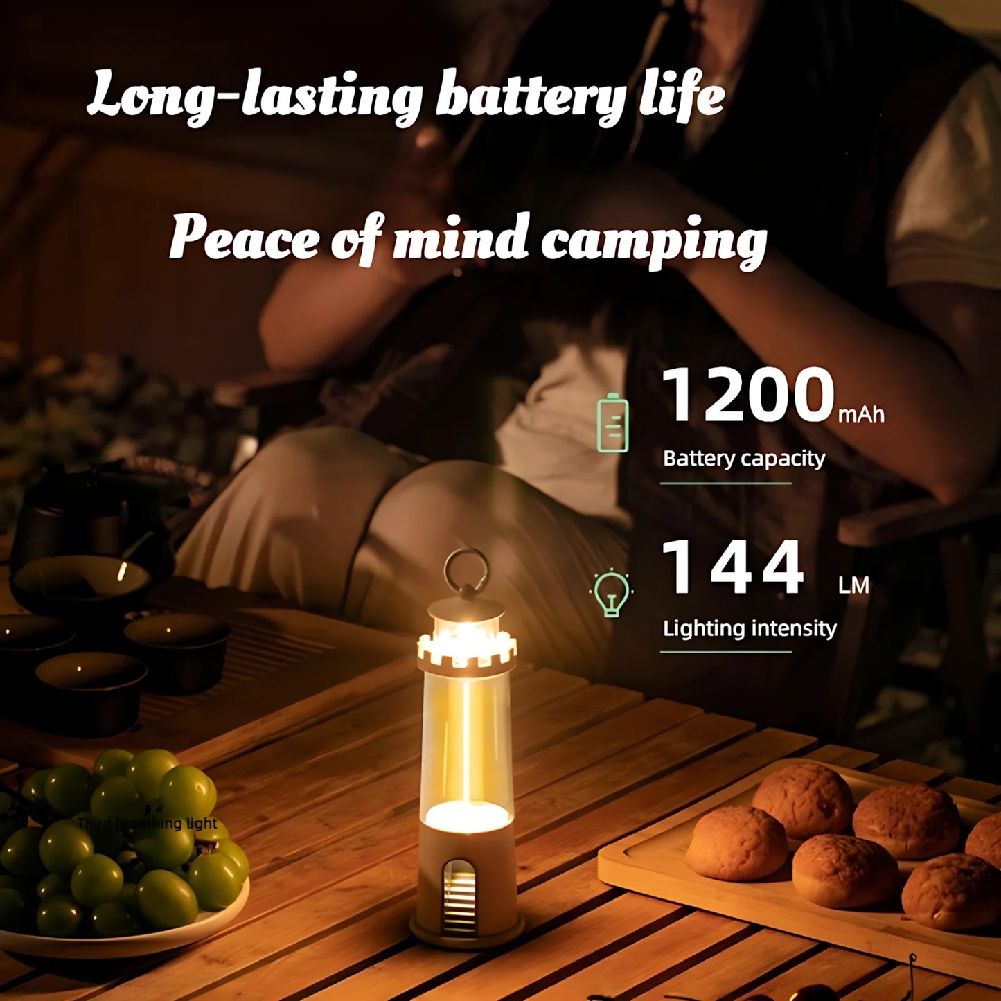 Linterna de Camping Portátil 1200mAh - Recargable USB-C, 3 Modos con Luz de Respiración, Blanco Cálido 2200K para Senderismo/Dormir/Acampada/EDC