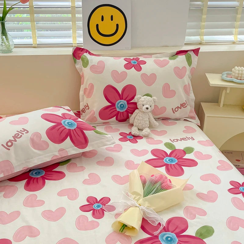 Juego de sábanas ajustadas de algodón 100% puro con funda de almohada, funda de cama con estampado de flores, sábanas individuales/Queen/King Size