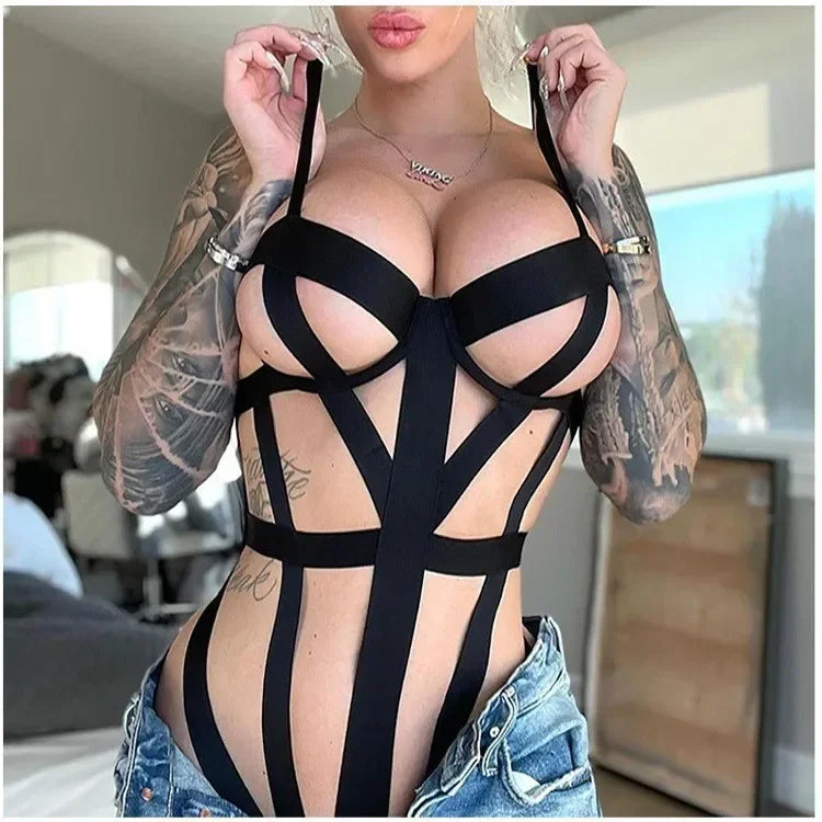 Body negro ahuecado, lencerÃa transparente, vendaje cruzado gótico, conjunto de lencerÃa Sexy, club nocturno, atractivo, seducción, mono erótico