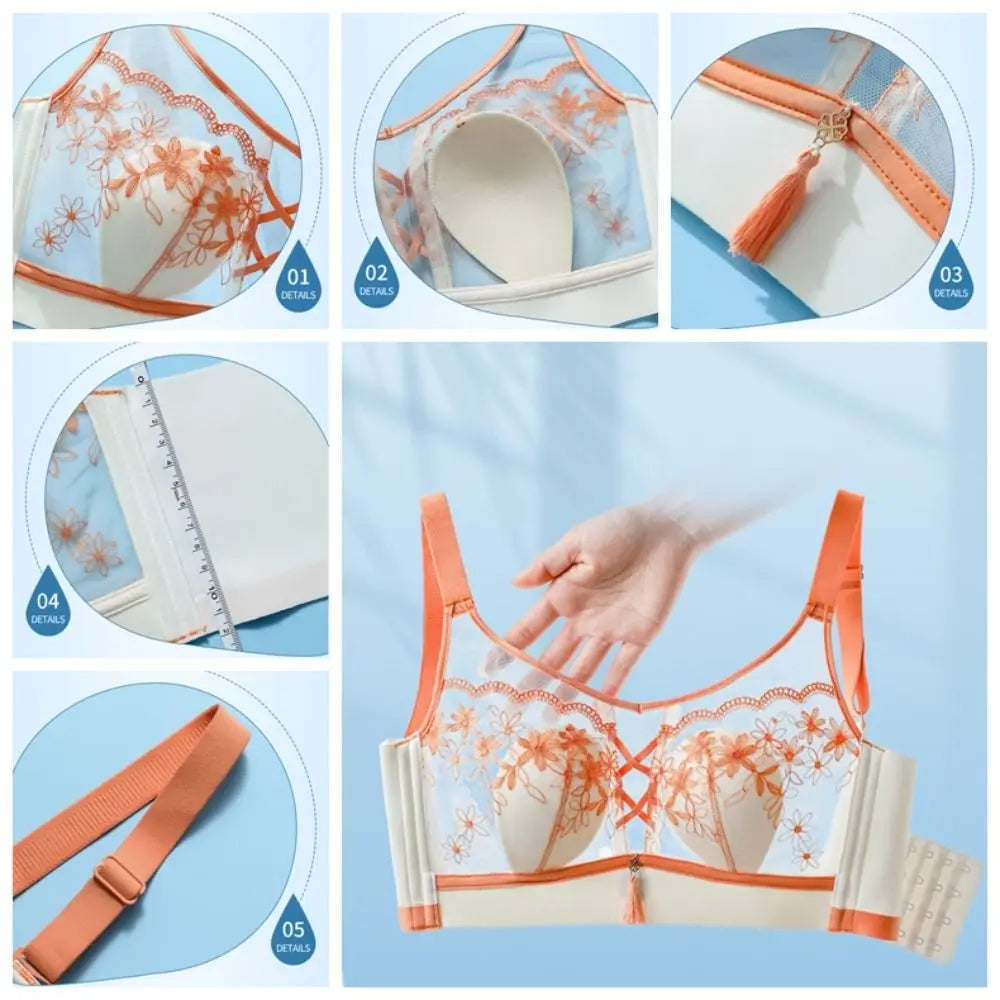 Sujetador de encaje con borlas y pechos recogidos para mujer, sujetador de malla fino a prueba de golpes, sin costuras, lencería transparente, ropa interior push-up