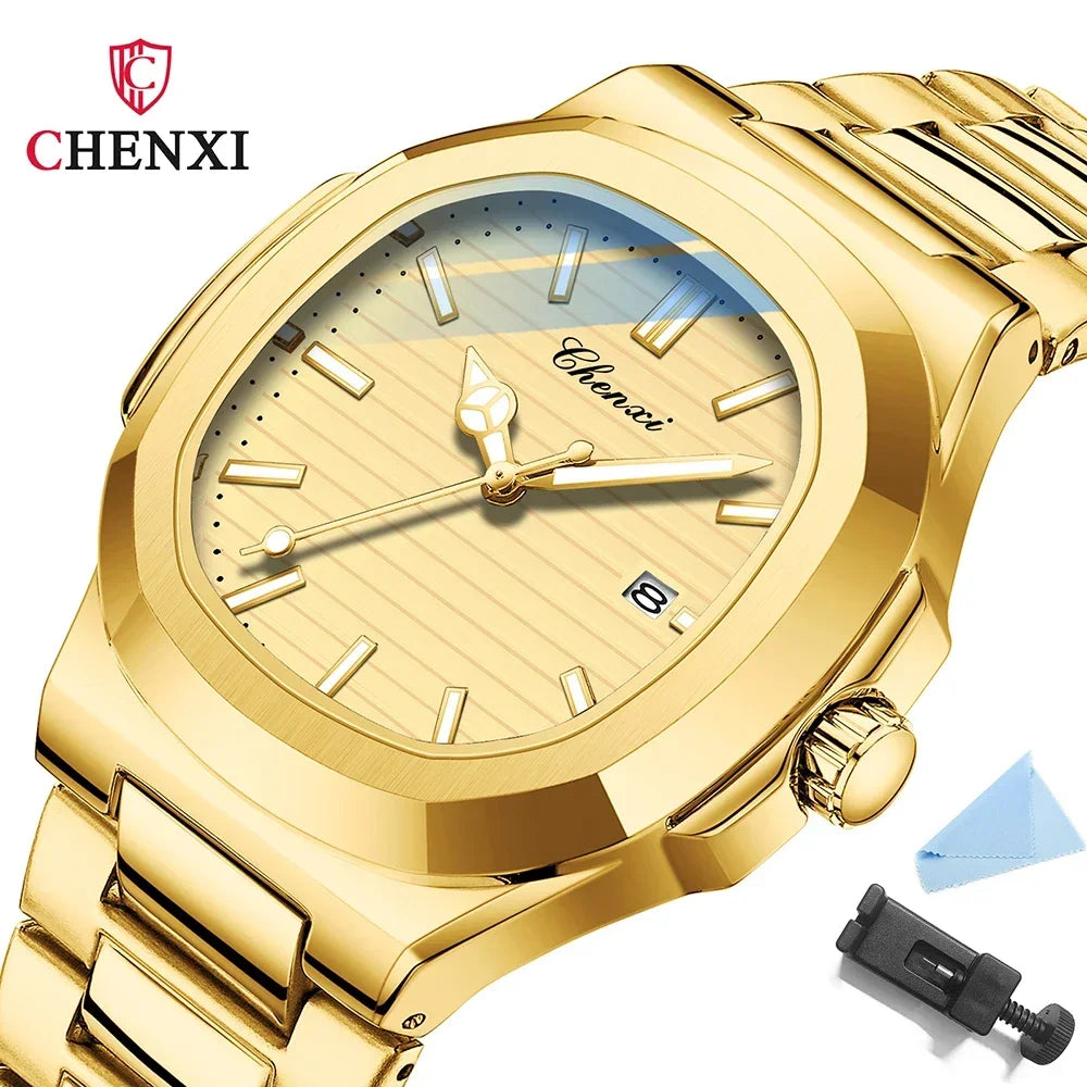 CHENXI 8222 reloj de negocios informal luminoso de acero inoxidable dorado de lujo para hombres relojes de pulsera de cuarzo de moda resistente al agua