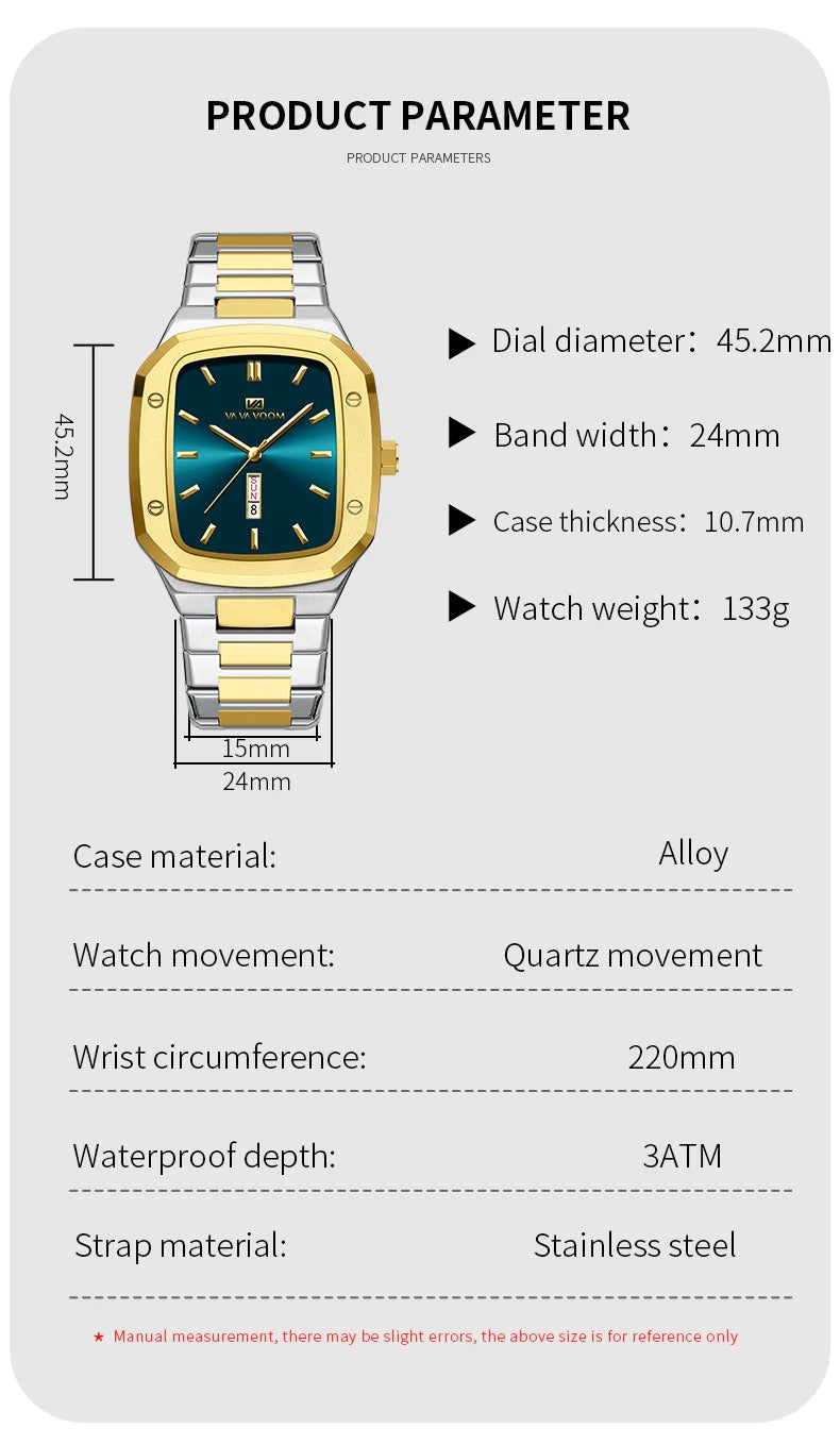 2024 nuevo reloj para hombre, correa cuadrada de acero inoxidable a la moda, oro azul, 3Bar, calendario semanal de cuarzo, reloj de pulsera deportivo de negocios simulado