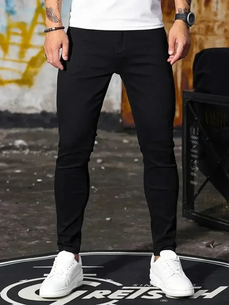 2025 primavera nuevos hombres Slim Fit clásico pantalones vaqueros ajustados Casual estilo callejero Casual hombres pantalones vaqueros ajustados hombre Slim Fit lápiz Denim azul