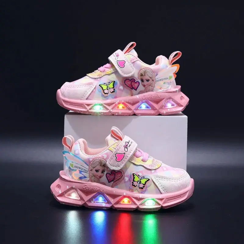 Zapatillas de deporte informales LED de Disney para niñas de primavera, zapatos de cuero Pu con estampado de princesa Elsa de Frozen, antideslizantes, iluminados, rosa y morado