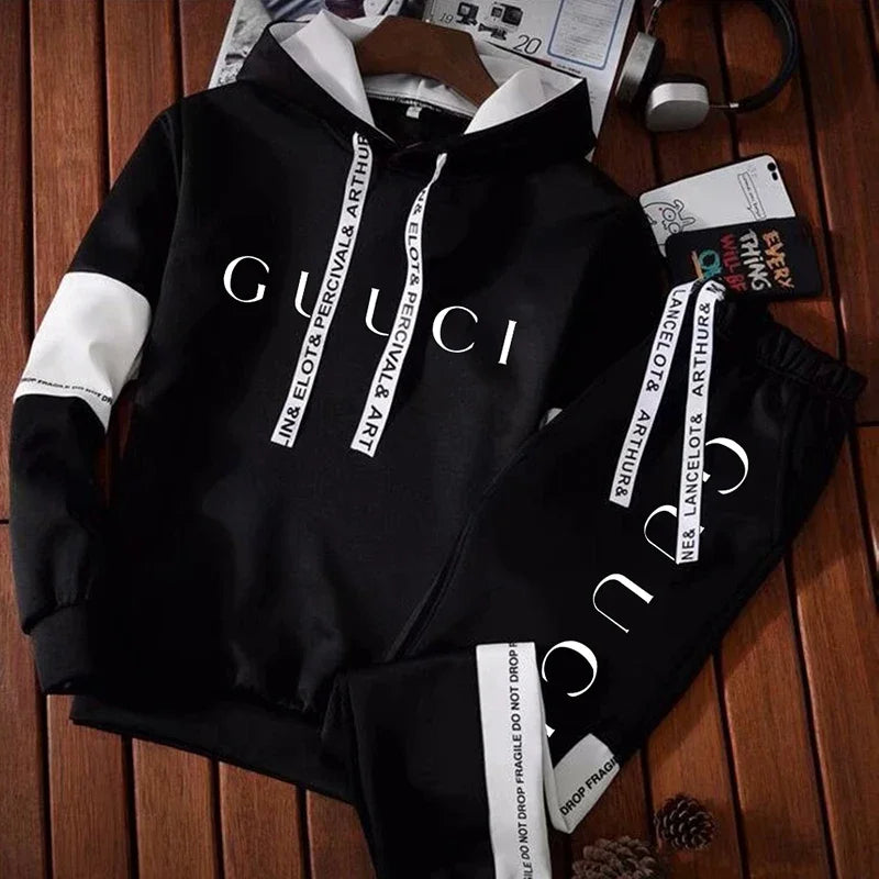 Chándal para hombre, Sudadera con capucha cálida + Pantalones de chándal, conjuntos de 2 uds., Top o pantalones blancos y negros de alta calidad para invierno, ropa informal para correr