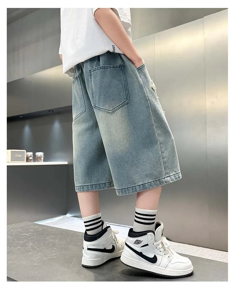 Boy Star Jeans 2025 Verano Nuevo Producto Moda Niños Denim Pantalones medios Pantalones cortos casuales para niños 5-15 años