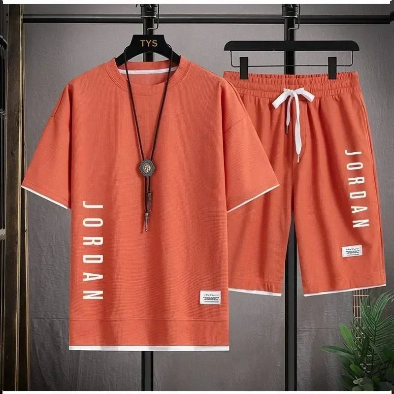 2025 Conjunto elegante de camiseta y pantalones cortos informales para hombre, traje deportivo, conjunto de gofres de verano suelto y cómodo para hombre