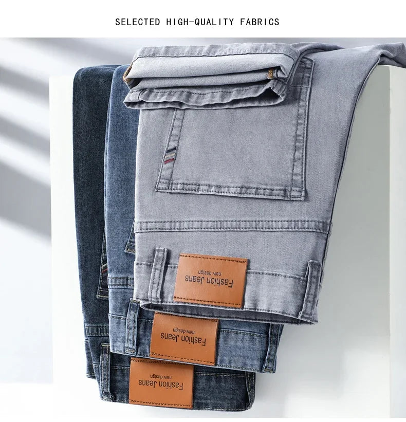 Pantalones vaqueros finos de algodón elástico para hombre, pantalón informal, recto, cómodo, color gris, a la moda, para verano
