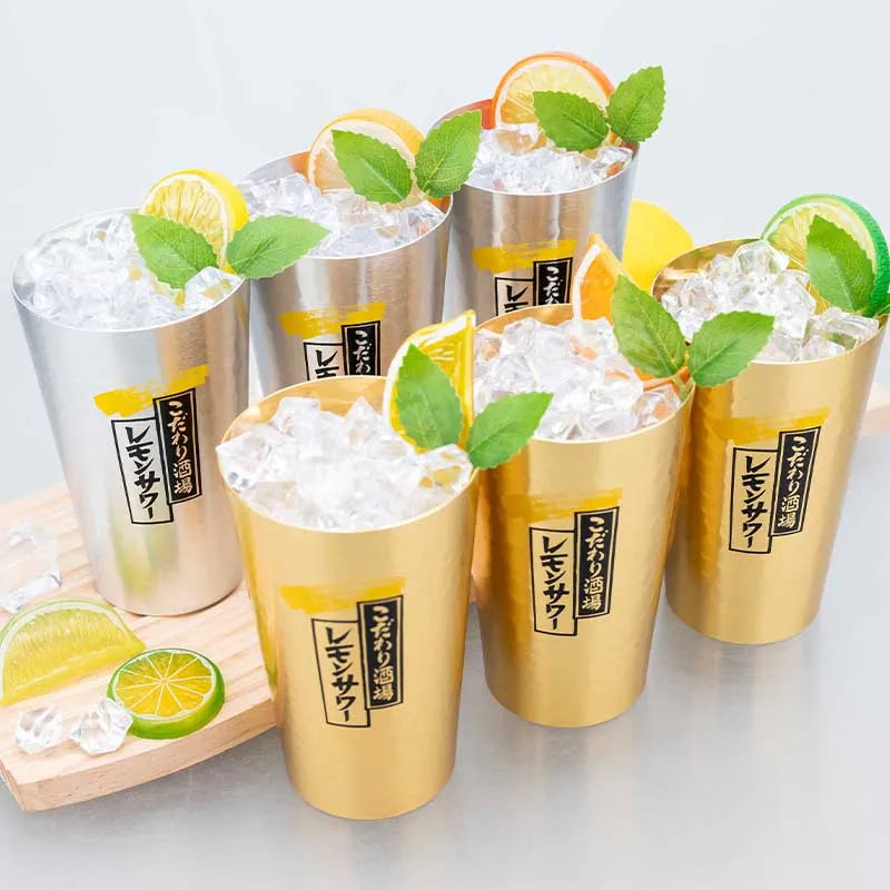 Juego de tazas de cerveza de aluminio de estilo japonés, 450ml, taza para beber reutilizable dorada y plateada para cerveza, agua, jugo, uso en fiestas de acampada al aire libre