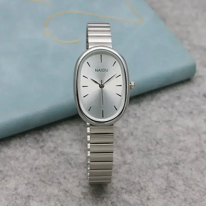 Reloj de cuarzo ovalado con esfera pequeña para mujer, correa de bambú de acero inoxidable, reloj de pulsera de regalo de lujo a la moda para estudiantes y niñas, envío directo