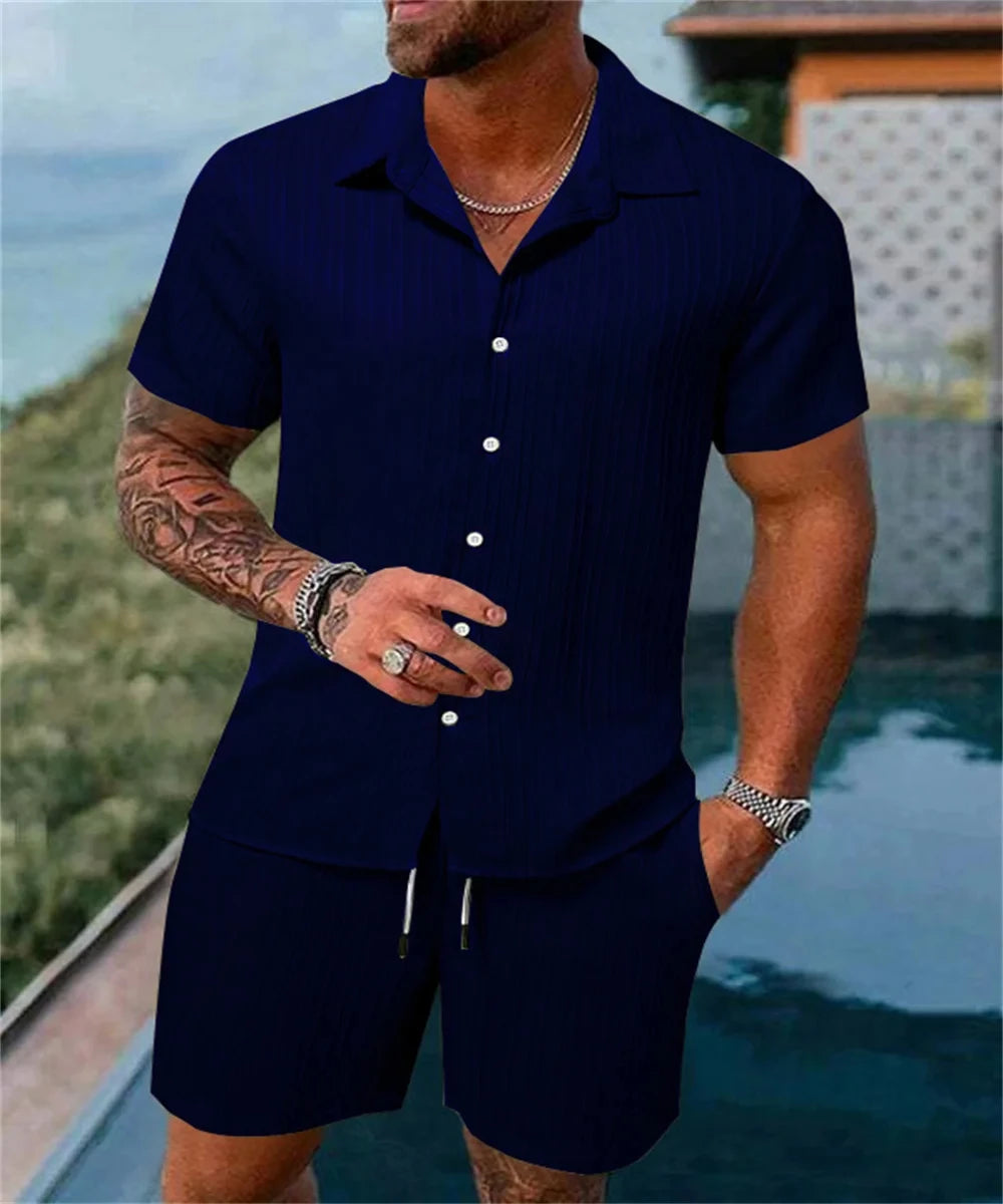Pantalones cortos sueltos de manga corta para hombre, traje deportivo a rayas, Top informal de Fitness, pantalones cortos de playa, tendencia de moda de verano