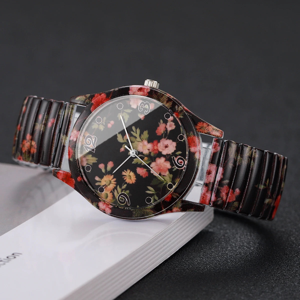 2/3 Uds. Conjunto de relojes de pulsera de cuarzo con estampado de flores a la moda para mujer, reloj con esfera árabe con correa elástica informal para mujer (sin caja)