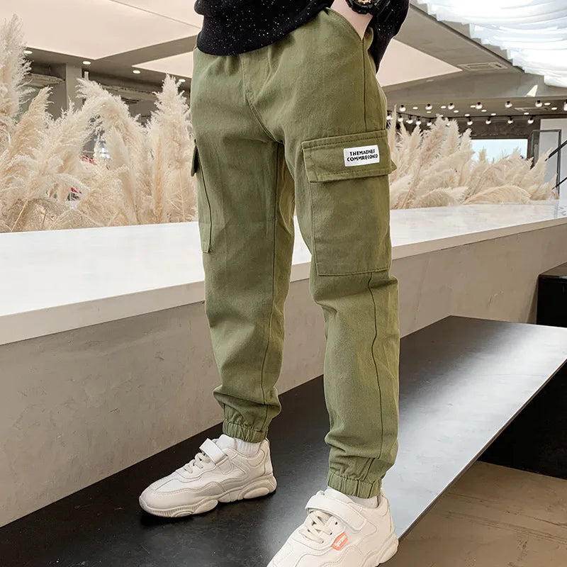 Primavera otoño niños moda guapo pantalones Cargo niños carta deportes pantalones adolescentes Casual pantalones de chándal finos 4-12 años