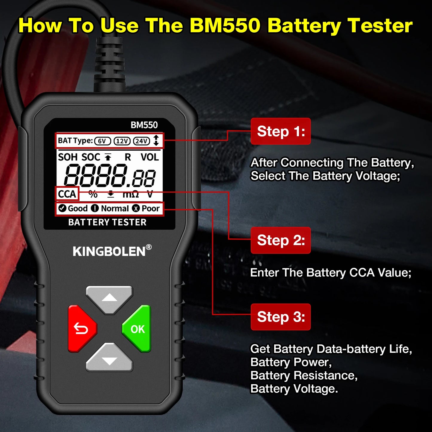 KINGBOLEN BM550, BM550 PLUS probador de baterÃa de coche 6V 12V 24V sistema de baterÃa detectar analizador de baterÃa automático herramienta de baterÃa de coche SOC SOH